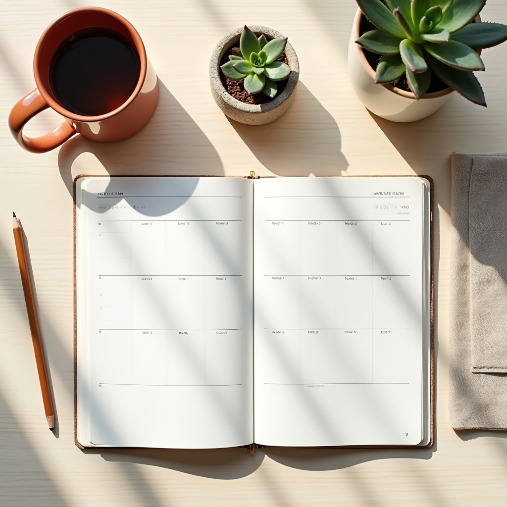 Planificador diario con notas escritas a mano sobre una mesa de madera