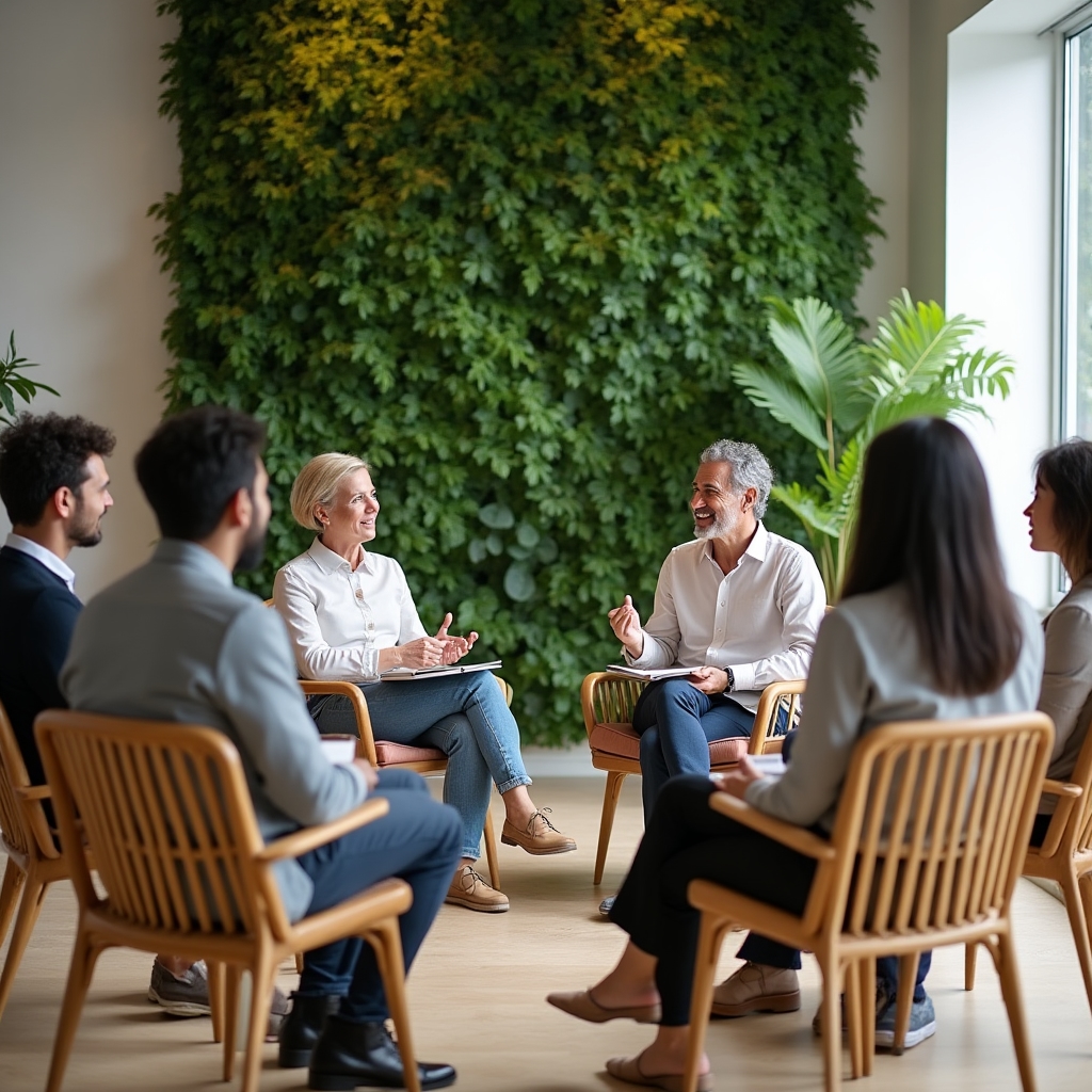 Sala de trabajo con un grupo reducido de personas durante una sesión presencial