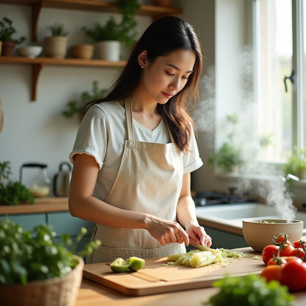 Persona preparando alimentos de forma pausada en una cocina con luz natural