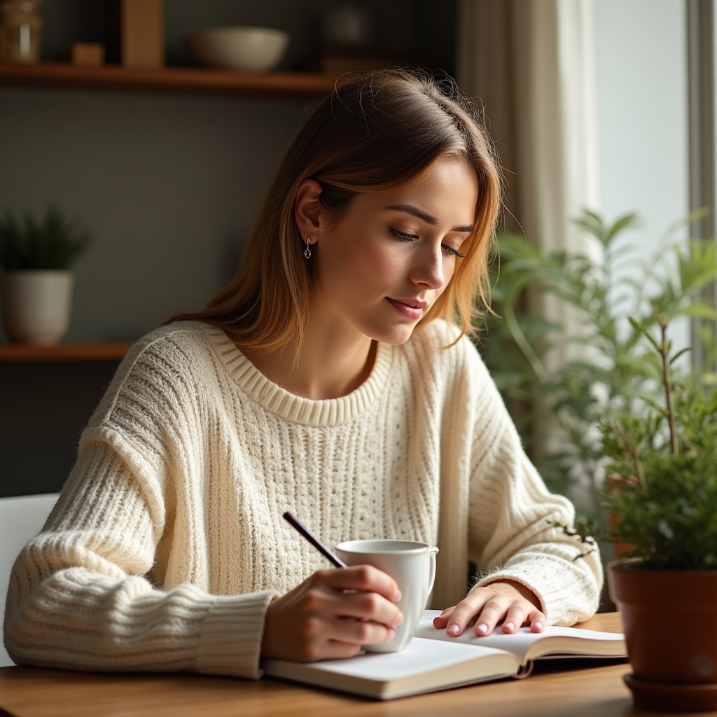 Persona escribiendo en un diario de hábitos durante su rutina matutina