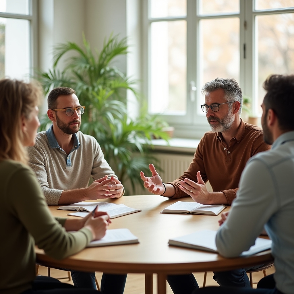 Grupo reducido de personas conversando alrededor de una mesa durante una sesión formativa